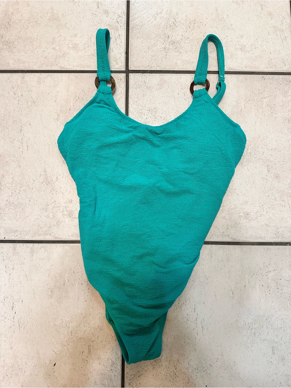 Shade & Shore Textured teal pucker textured one-piece swimsuit O-ring Small - Picture 3 of 10